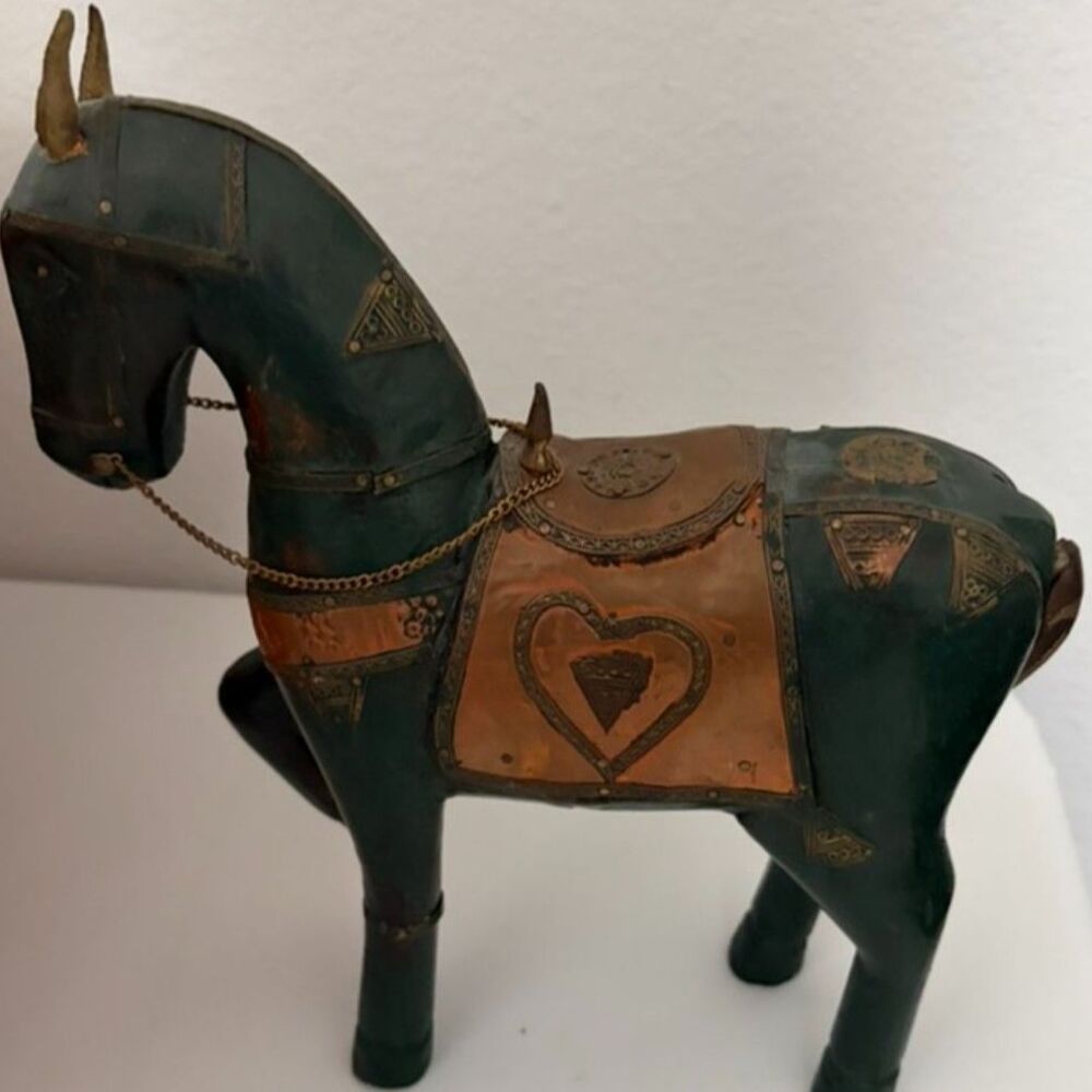 vtg Hand-carved wooden horse with copper accents